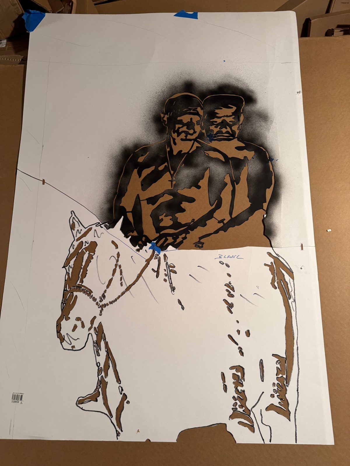La planche de travail : le dessin du cheval et des deux cavaliers, avec le repérage des couches annoté « blanc » et le premier passage de noir